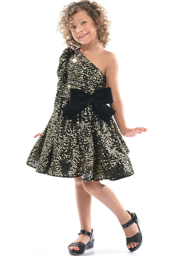 Black Gold Sequin Bow Zoria Dress