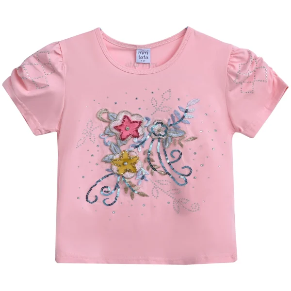 Pink Flowers Applique T-Shirt