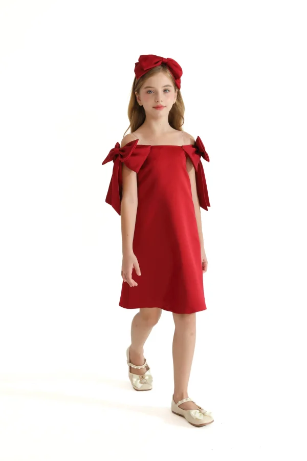 Red Luneta Off Shoulder Bow Dress
