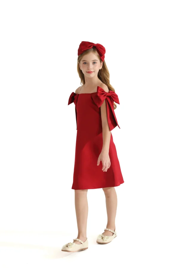 Red Luneta Off Shoulder Bow Dress