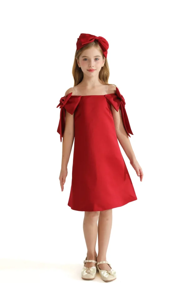 Red Luneta Off Shoulder Bow Dress