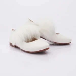 White Matte Fur Strap Flats